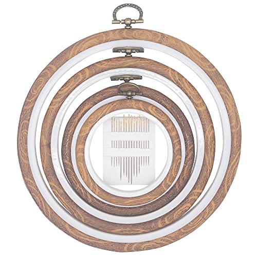 4 Pieces Embroidery Hoop Ring Plastic Cross Stitch Hoops Set Imitated Wood Display Frame Circle and Oval Embroidery Kits for Art Craft Sewing and Hanging,With 16pcs Gold Eye Sewing Needles - style: 4 pcs circle sizes