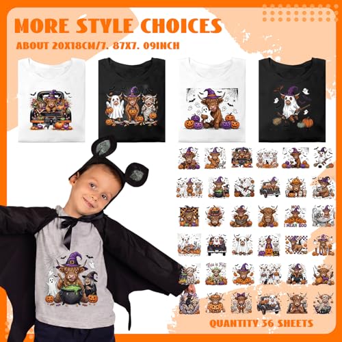 Tellingyou 36 Sheet Halloween Iron on Transfer Highland Cow Dtf for T Shirt - style: Halloween