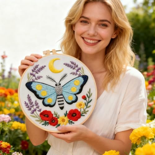 BEUNITONE 6 Set Moth Embroidery Kit for Adults Beginners, DIY Needlepoint Craft Kits with Instructions and Hoops, Complete Starter Set for Adults, Handmade Embroidery for Gifts and Home Decor 20x20cm - style: Moth