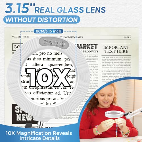 10X Magnifying Glass with Light and Stand,Hands-Free Desk Magnifier - color: White Magnifying Glasses With Light