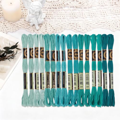 16 Skeins 140 Yard Green Embroidery Floss 6 Ply Gradient Color Embroidery Thread Polyester Cross-Stitch Threads Friendship Bracelets String for Hand Embroidery String Art DIY Creation - color: Green