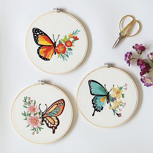 Bonroy 4 Sets Embroidery Kit for Beginners,Embroidery Art Craft Handy Sewing Include Clothes with Pattern,Embroidery Hoops, Instructions,Color Threads Needle (Butterfly) (CX-55) - color: Butterfly