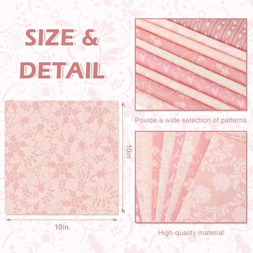 Whaline 60 Pcs Flower Cotton Fabric Bundles Pink Floral Fabric Square Flower Leaves Sewing Fabrics for DIY Handmade Craft Decor, 10 x 10 Inch - size: 10 x 10 inch