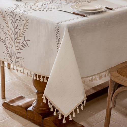 Joyfol Day Rustic Waterproof Linen Tablecloth, Heavy Weight Fern Embroidery Table Cloths for Rectangle Tables, Farmhouse Spill-Proof Table Covers with Tassels, Coffee 55''x 70'' - color: Coffee Fern, size: 70" x 55" (Rectangular)