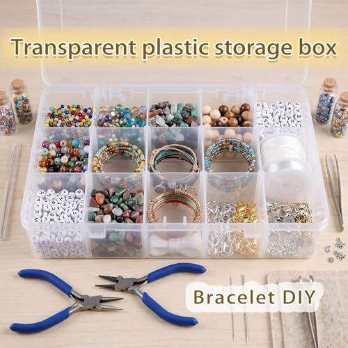 YuYueWeiXiao 15-Grid Large Plastic Storage Box with Shelves, Transparent compartments, Ideal for Snacks, Bead Crafts, Jewelry, and Fishing Gear. Dimensions: 10.6 x 6.7 x 2.2 inches.