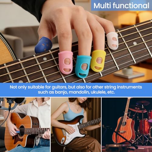 38 pcs Guitar Fingertip Protectors, 5 Sizes Silicone Breathable, Flexible Thimble Finger Pads Grips and 8 Guitar Picks, for Beginner Playing, Ukulele, Banjo, Mandolin