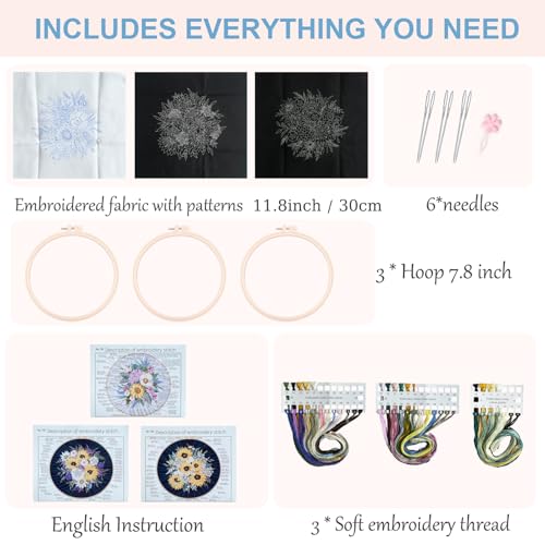Silentsea Floral Embroidery Kit with Hoop, Sunflower Bouquet Pattern, 3 Designs, Beginner Cross Stitch Set