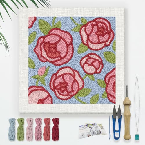 Doodlream Rose Flower DIY Punch Needle Embroidery Kit for Adult Beginner, 9.4" Floral Punch Stitching Craft Set for Starter with Frame, Fabric Pattern, Threader, Yarn, Pinch Needle - color: Rose