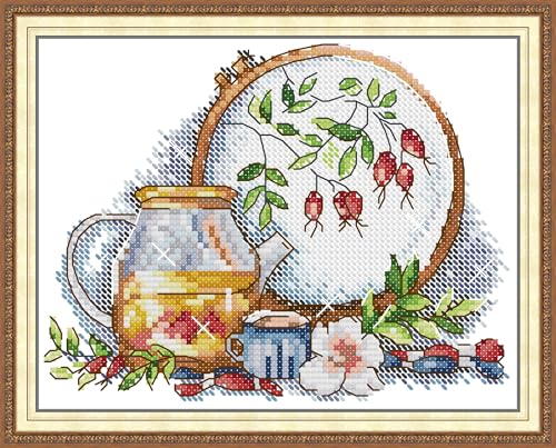 CaptainCrafts Counted Cross Stitch Kits for Adults Tea Pattern - color: Cross Stitch and Afternoon Tea in Winter, style: Counted 14CT