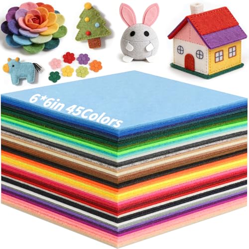 45 PCS Felt Fabric Sheets 6 x 6 Inch 2mm Craft Felt Sheets - size: 6x6in