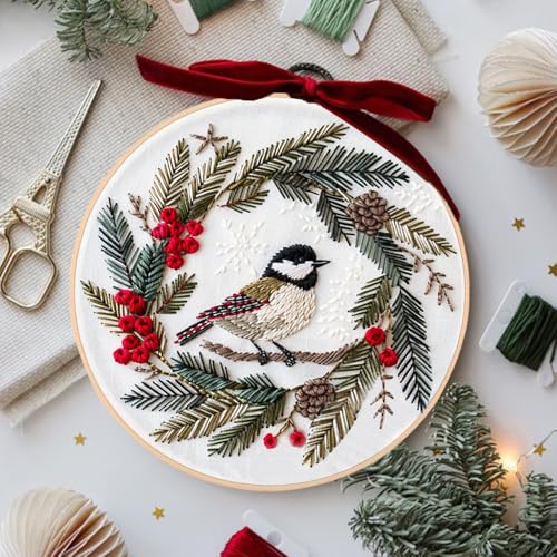 Huacan Embroidery Kits for Adults Beginner DIY Cross Stitch Stamped Christmas Pattern Stitching Wreath Sewing Kit 1 Piece 7.8 x 7.8 Inch - color: Bird