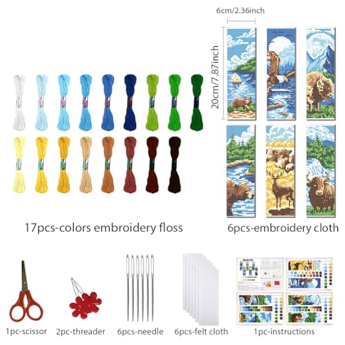 FREEBLOSS 6 Set Cross Stitch Bookmark Kit 11 CT Stamped Cross Stitch Kit DIY Embroidery Bookmark Kits for Adult Beginners with Instructions, Nature Scenery Pattern, 6 x 20 cm/8" x 2.4" - style: Natural Zoo Animals