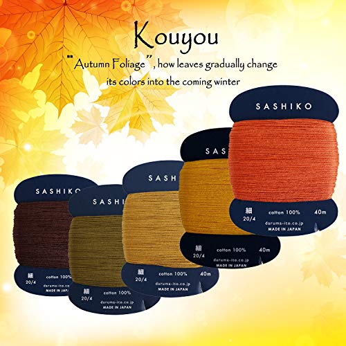 DARUMA Sashiko Thread 100% Cotton Card Type (43.7 yd) x 5 Colors with English Manual, Sewing & Embroidery Value Set with Gift Package(Thin, Kouyou) - color: Kouyou, size: Thin