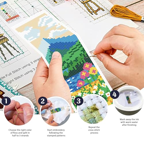 FREEBLOSS 6 Set Cross Stitch Bookmarks Kit Mountains&Rivers Stamped Cross Stitch Kit DIY Embroidery Bookmark Set with Instruction for Adults Beginners Gift for Reading Enthusiasts 8 * 2.4inch 11CT - style: Mountains&Rivers