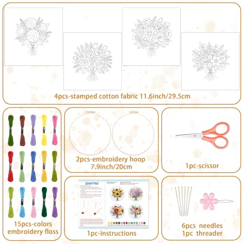BEUNITONE 4pcs Embroidery Kit, Flower Stamped Embroidery Kits with Hoop, Thread & Needles, Colorful Bouquet Cross Stitch Kits Sewing Gifts for Adults and Beginners, DIY Craft for Relaxation - style: B-Bouquet