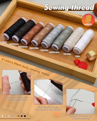 BAGERLA Upholstery Repair Kit, 50 Pcs Heavy Duty Sewing Kit with 8 Colors Thread 32 Pcs Upholstery Needles, Sewing Awls for Hand Stitching Car Sofa Shoe Backpack Craft DIY - color: 8 colors with storage bag