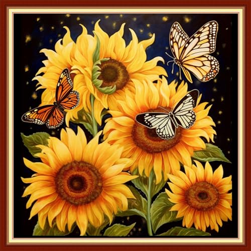 Foxdiviy Stamped Cross Stitch Kits Full Range of Embroidery Needlework Starter Kits for Beginners Adults 11CT Embroidery Patterns Art Crafts DIY Needlepoint Kits-Butterfly Sunflower 18x18 inch - color: Stamped Set 12