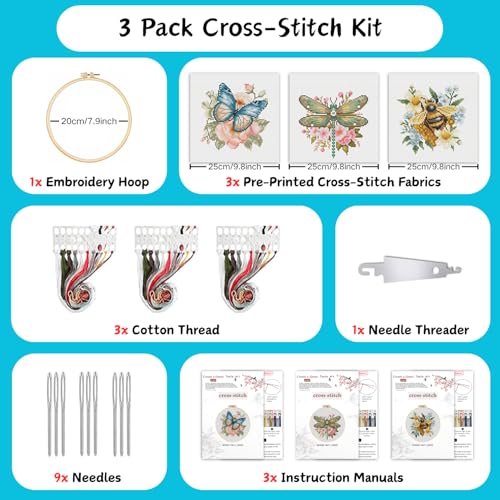 3 Pack Cross Stitch Kits for Beginners-Insects and Flowers,with Hoop 8x8in - color: Insects and Flowers