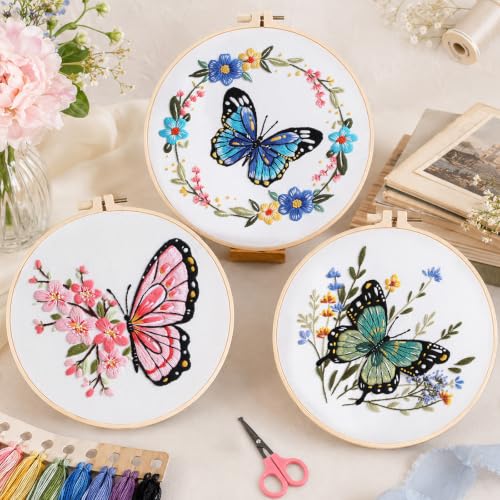 Meyocky Butterfly Flower Embroidery Kit for Beginners with Stitch Videos - color: Butterfly