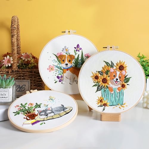 GLTAYLMY Dogs Embroidery Kit for Beginners with Pattern and Instructions,3 Pack Cross Stitch Kits,1 Plastic Embroidery Hoops,Threads and Needles,Needlepoint Kit for Adults - color: Dogs
