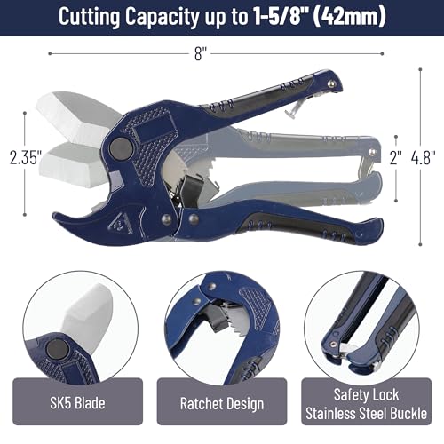 Bates- PVC Pipe Cutter, Cuts up to 1-5/8", Ratchet Pipe Cutter, PEX Cutting Tool for Cutting PEX, PVC, PPR Plastic Hoses and Plumbing Pipes, Navy Blue - color: Navy Blue