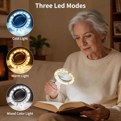 JARLINK Magnifying Glass with Light and Stand, 3 Modes Foldable Magnifier