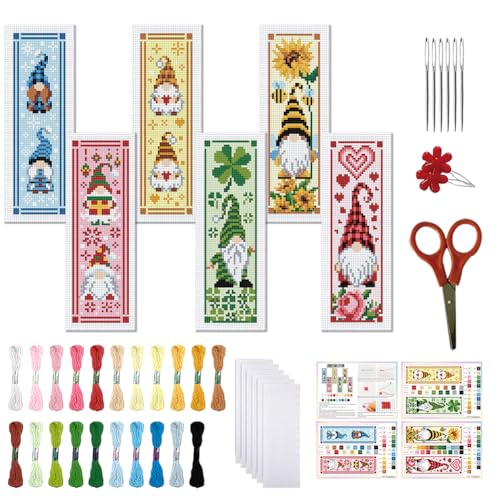 FREEBLOSS 6 Set Cross Stitch Bookmark Kit 8x2.4''11CT St. Patrick Gnome - style: Gnomes