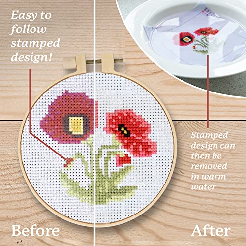 Kraftex Stamped Cross Stitch Kits for Beginners (Flower Theme - 6.75 Inch - 4 Pack 1 x Embroidery Hoop) Embroidery Needlepoint Patterns for Adults, Includes Poppy, Rose, Sunflower and Pansy - style: Flowers - Pansy, Roses, Poppy, Sunflower