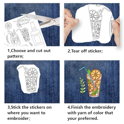 BENECREAT 4Sheets 81Pcs Cocktails Water Soluble Embroidery,11.7x8.3inch Wine Bottles and Lemon Stick and Stitch Embroidery Paper Stabilizer Hand Sewing for Shirts, Coats, Bags - color: Cocktails