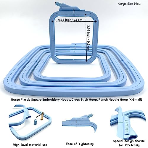 Nurge Square Embroidery Hoop - Plastic Cross Stitch Frame for Needlepoint & Embroidery - Adjustable Craft Hoop - Blue - No:1 (X Small) - color: Blue, size: No:1 (X Small)