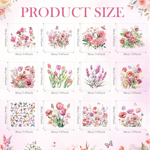 Fainne 12 Sheets Iron on Transfers, Pink Flower Decals - style: Pink