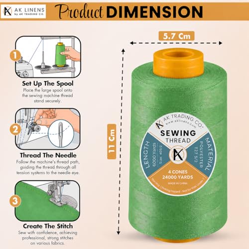 AK TRADING CO. 4-Pack Lime Green All Purpose Sewing Thread Cones (6000 Yards Each) of High Tensile Polyester Thread Spools for Sewing, Quilting, Serger Machines, Overlock, Merrow & Hand Embroidery - color: LIME GREEN