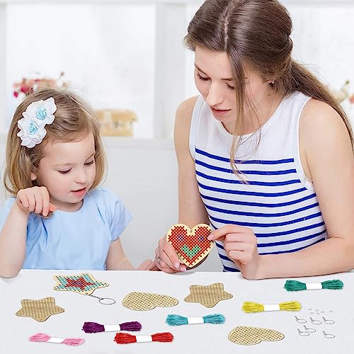 VKPI Wooden Cross Stitch Kits for Kids, Make Your Own 6 Cross Stitching Keyrings, Wood Sewing Kit, Arts & Crafts Stars, Hearts Ornaments, Plastic Needle Embroidery Kit for Beginners, Girls, 6-13 - color: Star & Heart
