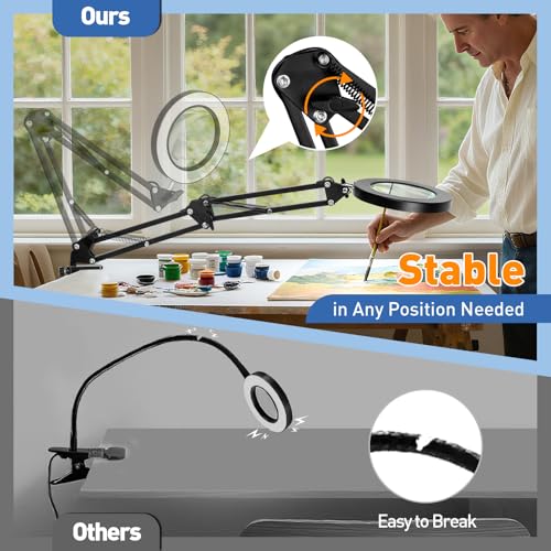 HITTI 10X Magnifying Glass with Light, 1,800 Lumens Stepless Dimmable - color: Black, size: 10X 9.06 INCH Base & Clamp
