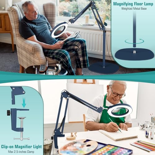 12X Magnifying Glass with Light and Stand, Real Glass Lens (Not Acrylic), 5 Color Modes, Stepless Dimmable, LED 3-in-1 Floor Lamp, Swing Arm with Clamp, Lighted Magnifier Hands Free for Crafts - Blue - color: Blue