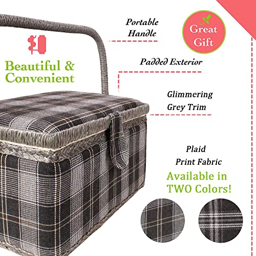 Sewing Basket with Floral Print Design - Sewing Kit Storage Box with Removable Tray, Built-in Pin Cushion and Interior Pocket - by Adolfo Design (Large - 12" x 9" x 6", Dark Gray Plaid) - color: Dark Gray Plaid, size: Large - 12" x 9" x 6"