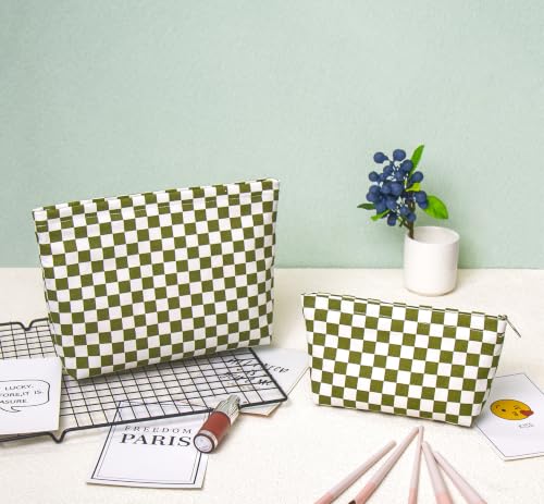 getgto 2 Pcs Makeup Bags, Large Cosmetic Bag Travel Toiletry Bag - color: Army green Checker