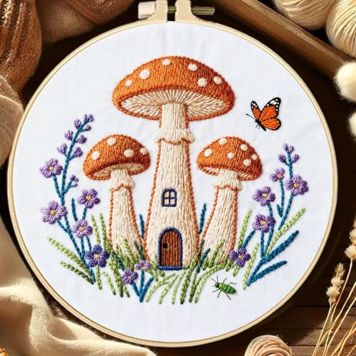 FREEBLOSS 5 Set Embroidery Kit Mushroom Pattern Stamped Embroidery Starter Kit with Step by Step Instructions, Colored Threads, 2 Hoops, Needlepoint Kits for Hand Craft Lovers Gift, 30cm/11.8inch