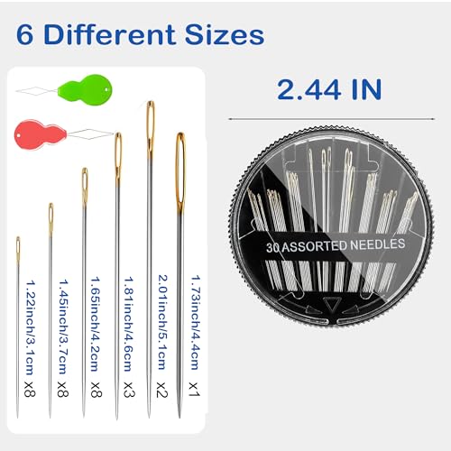 30-Pack Premium Hand Sewing Needles, 6 Sizes Assorted Needles with 2 Threaders, Embroidery Needles for Handsewing, Large Eye Sewing Needle Kit for Art and Craft Projects, Sewing Sharp Needles - size: 30+2PCS
