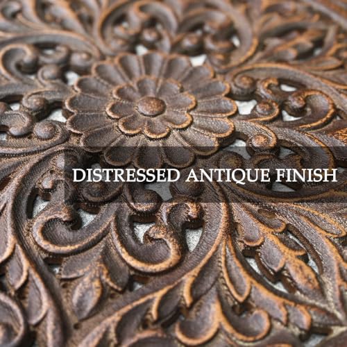 XIAOAIKA Boho Carved Wood Wall Art Panel, Floral Mandala, Distressed Brown - color: Brown