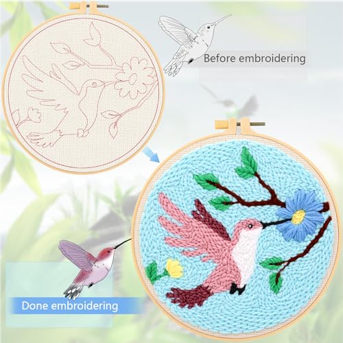 JSRQT Punch Needle Kit for Beginners, Handmade Punch Needle Embroidery Starter Kit for Adult Kids with Bird Pattern, DIY Craft Cross Stitch Rug Beginners Kit with Tool for Home Decor
