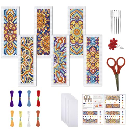 FREEBLOSS 6 Set Mandala Stamped Cross Stitch Bookmark Kits Cross Stitch Kit Embroidery Bookmarks Kit for Adults Beginners with Backing Felt Embroidery Floss DIY Bookmark Kit for Book Lovers 8x2.4'' - style: Mandala