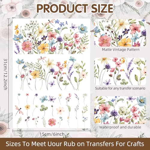 ZMRU 3 Sheets Vintage Rub On Transfers for Crafts, Rub On Transfers for Furniture Decals, Wood, Glass, Porcelain, Scrapbooking,Journals, 12 * 6inch(Wildflower)