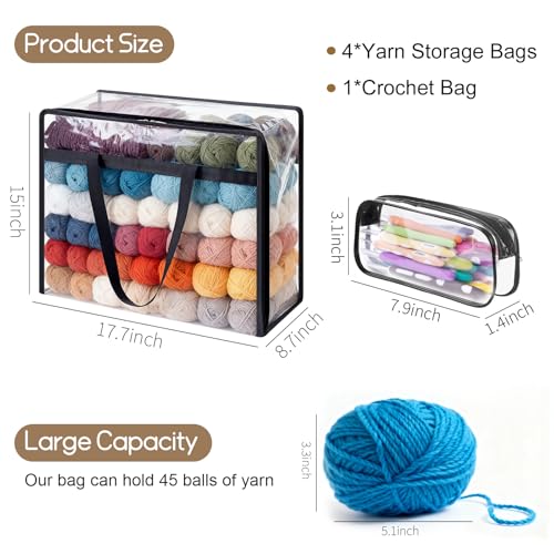 4 Packs Yarn Storage Bags,18x15x9 inches Large Yarn Bag with Dual Zippers & Handle,Clear Yarn Storage Organizer for Various Yarn Balls,Knitting and Crochet Projects