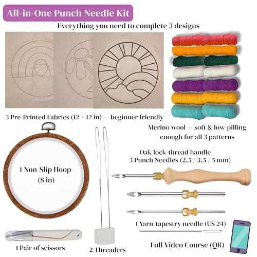 Zyrose Punch Needle Kit for Beginners & Adults, Printed Fabric, 8" Non-Slip Hoop, 3 Interchangeable Needles, Premium Merino Yarn – Complete Starter Set – Joyful Days - style: Joyful Days