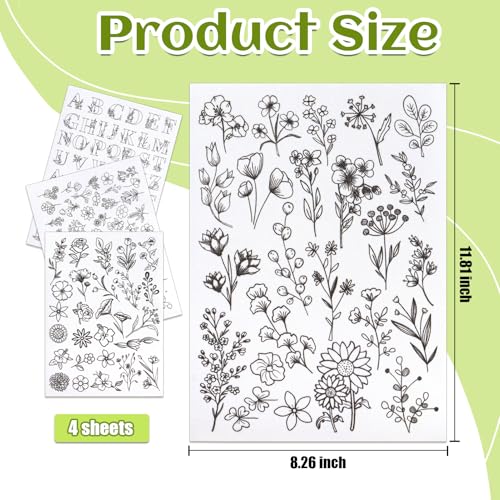 4 Sheets Stick and Stitch Embroidery Patterns, 8.5"x11" Pre-Printed Floral