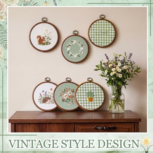 Tudomro 12 Pcs Decorative Embroidery Hoop with Fabric Set 6.7" Round Imitated Wood Cross Stitch Frame & 11.8" Green Pre-Cut Cloth Squares for DIY Art Craft Sewing Hanging Ornament - color: Sage Green