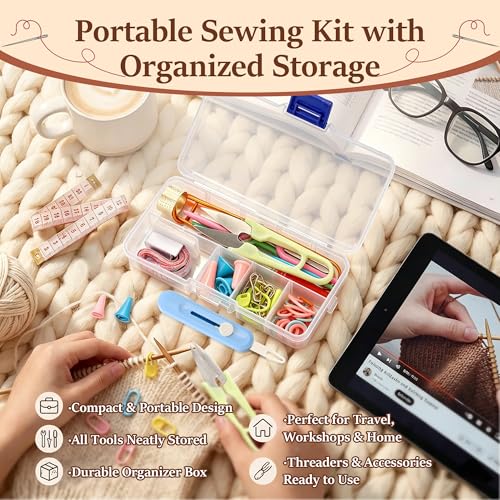 Gulfmew All in One Knitting Kit with Automatic Needle Threader, Sewing Accessories Set with Scissors, Stitch Markers & Portable Storage Case, Easy Threading Tool for Beginners, Crochet & DIY Crafts