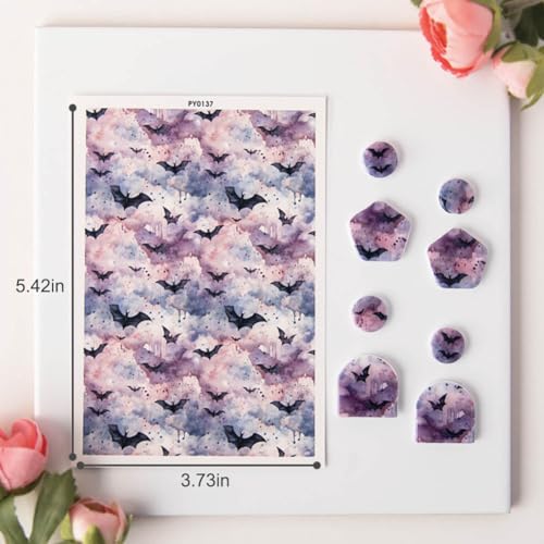 KABAKE Polymer Clay Transfer Paper 4 PCS Colorful Flowers Water Soluble Transfer Sheet for Earrings Jewelry Making - color: Watercolor Bat