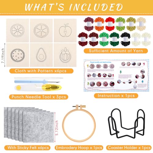 Yaomiao 6 Pcs Fruit Punch Needle Coaster Kit for Beginners, Adults - style: Fruit